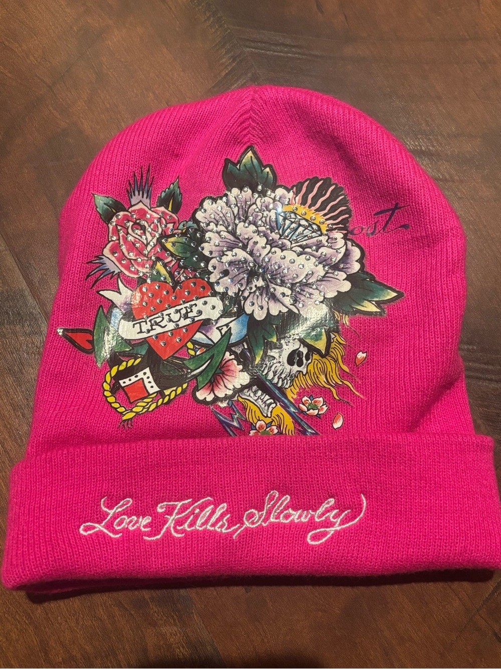 Ed Hardy Hot Pink Floral Tattoo Beanie